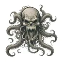 An eldritch monstrous creature with fangs and tentacles, coming out from the body in a nightmarish scene tattoo design idea