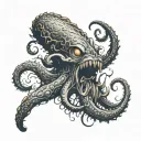 An eldritch monstrous creature with fangs and tentacles, coming out from the body in a nightmarish scene tattoo design idea