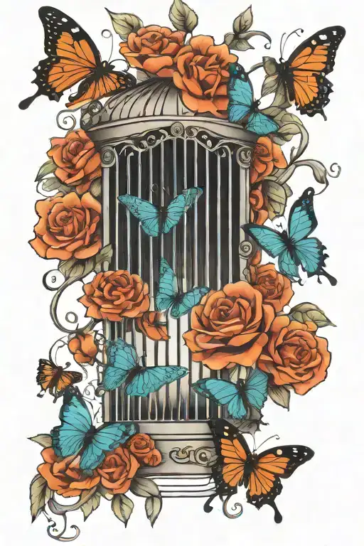 birdcage with teal butterflies flying out of open cage door tattoo design idea