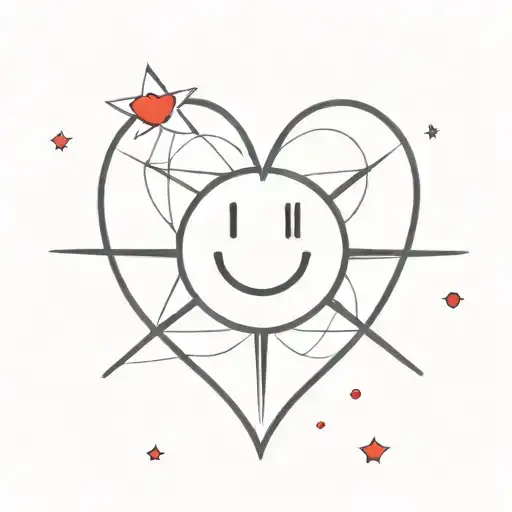 Heart with smiley face (black) surrounded by asymmetrical star (red) tattoo design idea