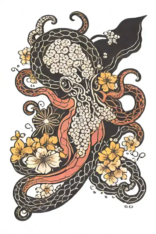 Japanese traditions with octopus and cherry blossom tattoo design idea
