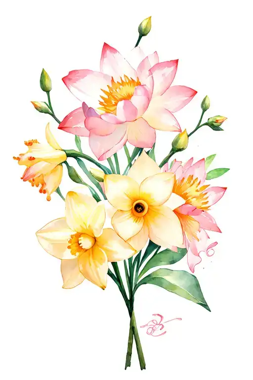daffodil, cherry blossom and lotus flower bouquet tattoo design idea