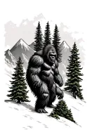 evergreen trees with mountains and Sasquatch  tattoo design idea