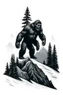 evergreen trees with mountains and Sasquatch  tattoo design idea