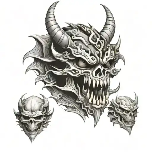 dragon head, skull and Oni mask   tattoo design idea