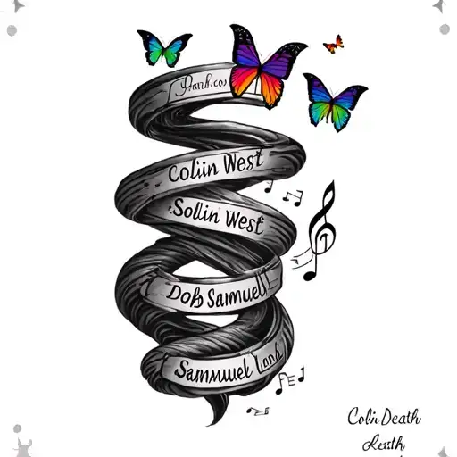 "Colin Samuel West" rainbow butterflies and music notes (Jurassic park) incorporated in a coil like fading spiral with name, dob and death  tattoo design idea