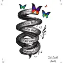 "Colin Samuel West" rainbow butterflies and music notes (Jurassic park) incorporated in a coil like fading spiral with name, dob and death  tattoo design idea
