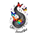 "Colin Samuel West" rainbow butterflies and music notes (Jurassic park) incorporated in a coil like fading spiral with name, dob and death  tattoo design idea