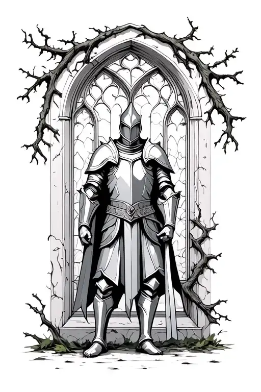 knight standing in front of a gothic window the window is made of forest branches and vines  tattoo design idea