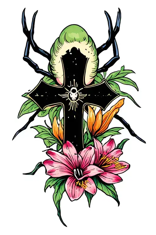 cross and spiderlily tattoo design idea