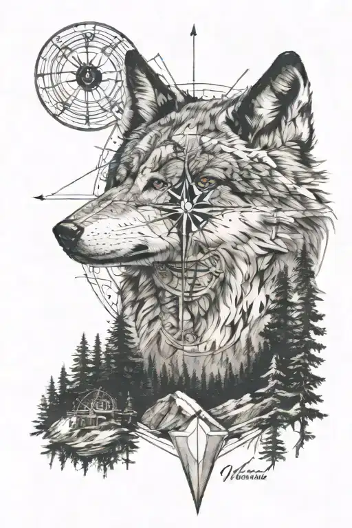 dense pineforest mountain landscape  wolf compass  tattoo design idea