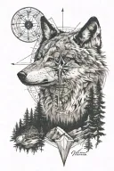 dense pineforest mountain landscape  wolf compass  tattoo design idea
