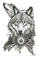 dense pineforest mountain landscape  wolf compass  tattoo design idea