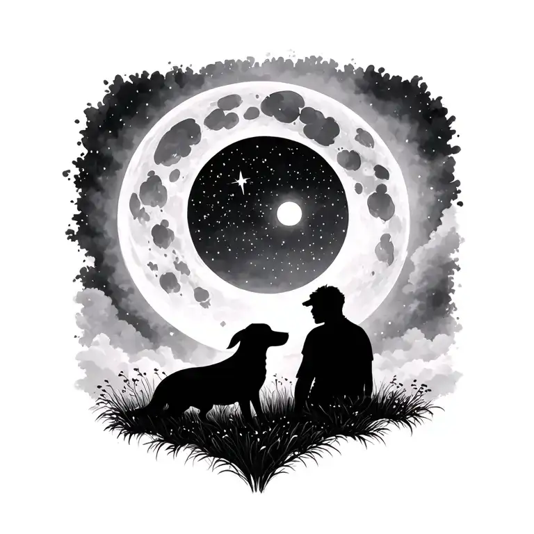 silhouette of man and dog sitting in field looking at stars and moon tattoo design idea