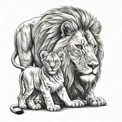 A lion with its cub, the lion behind the cub as if protecting it tattoo design idea