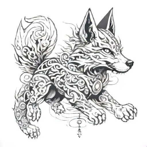 A highly detailed and professional tattoo design that integrates multiple facets of a person's life: athleticism with a focus on running a 42KM marathon, software development, writing a book titled 'Thought and Vestige', the initials ADJ, and a male Kitsune mask. The Kitsune mask, with masculine and sharp features, should be the central focus of the design, representing agility and cunning. Dynamic strokes symbolizing the movement and energy of the marathon should surround the mask, with the number '42KM' fluidly highlighted in the design. Technological elements like lines of code or digital symbols should be subtly intertwined with the mask and the number '42KM', symbolizing the software development career. The initials 'ADJ' should appear elegantly, blending with the design elements, perhaps with the lines of code or the Kitsune mask. Lastly, include a symbol or representation referencing the book 'Thought and Vestige', maybe a small figure or text in a corner, harmoniously integrating all facets. The design should have high contrast and fine details, adapted for darker skin, ensuring clarity and definition in each aspect. tattoo design idea