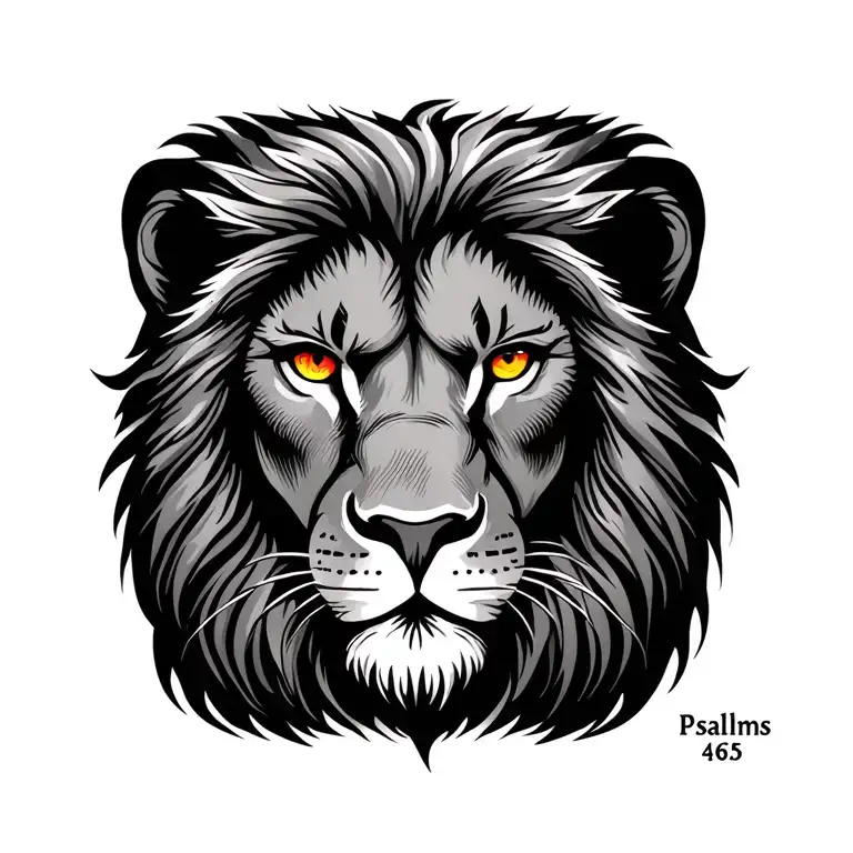 half lion face with color eyes, with "Psalms 46:5" placed in the mane tattoo design idea