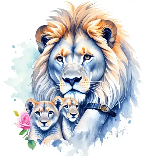 lion with male and female cubs with a rose and a watch on his closed arm tattoo design idea