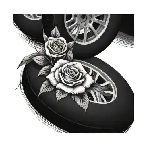 realistic tire with roses and lily's on it  tattoo design idea