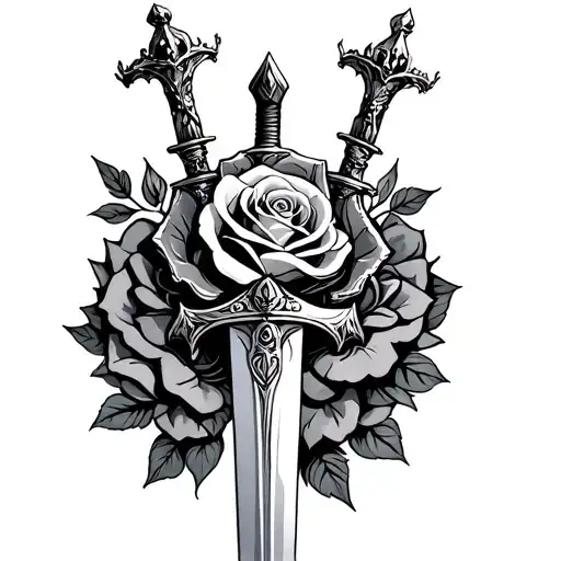 rose crown and sword surrounded tattoo design idea