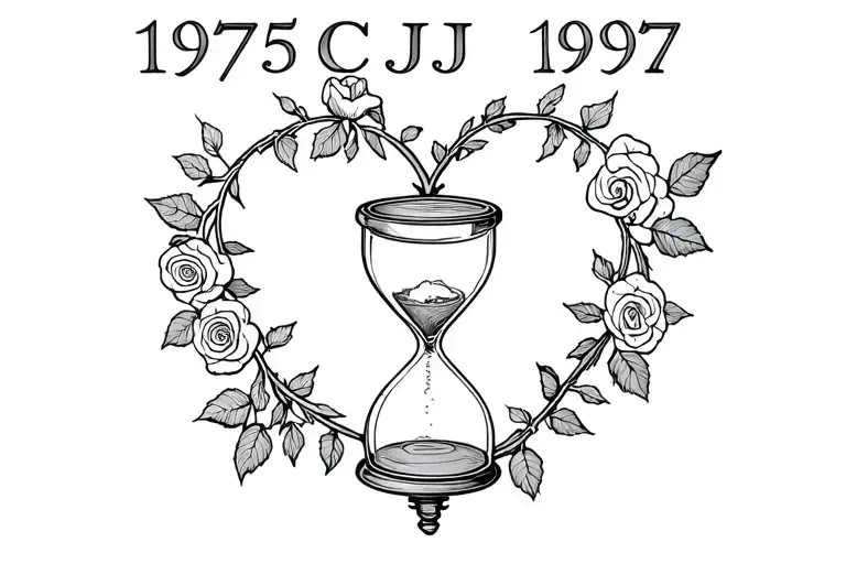 "1975 CJ 1997" heart made of Rose stems around hourglass tattoo design idea