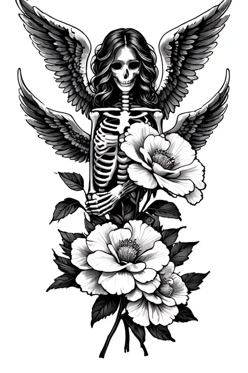 "Miranda" angel wings spread with two Tropical Carnation flower crossed, and skeleton arm holding one of the flower tattoo design idea