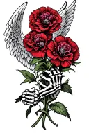 "Miranda" angel wings spread with two Tropical Carnation flower crossed, and skeleton arm holding one of the flower tattoo design idea