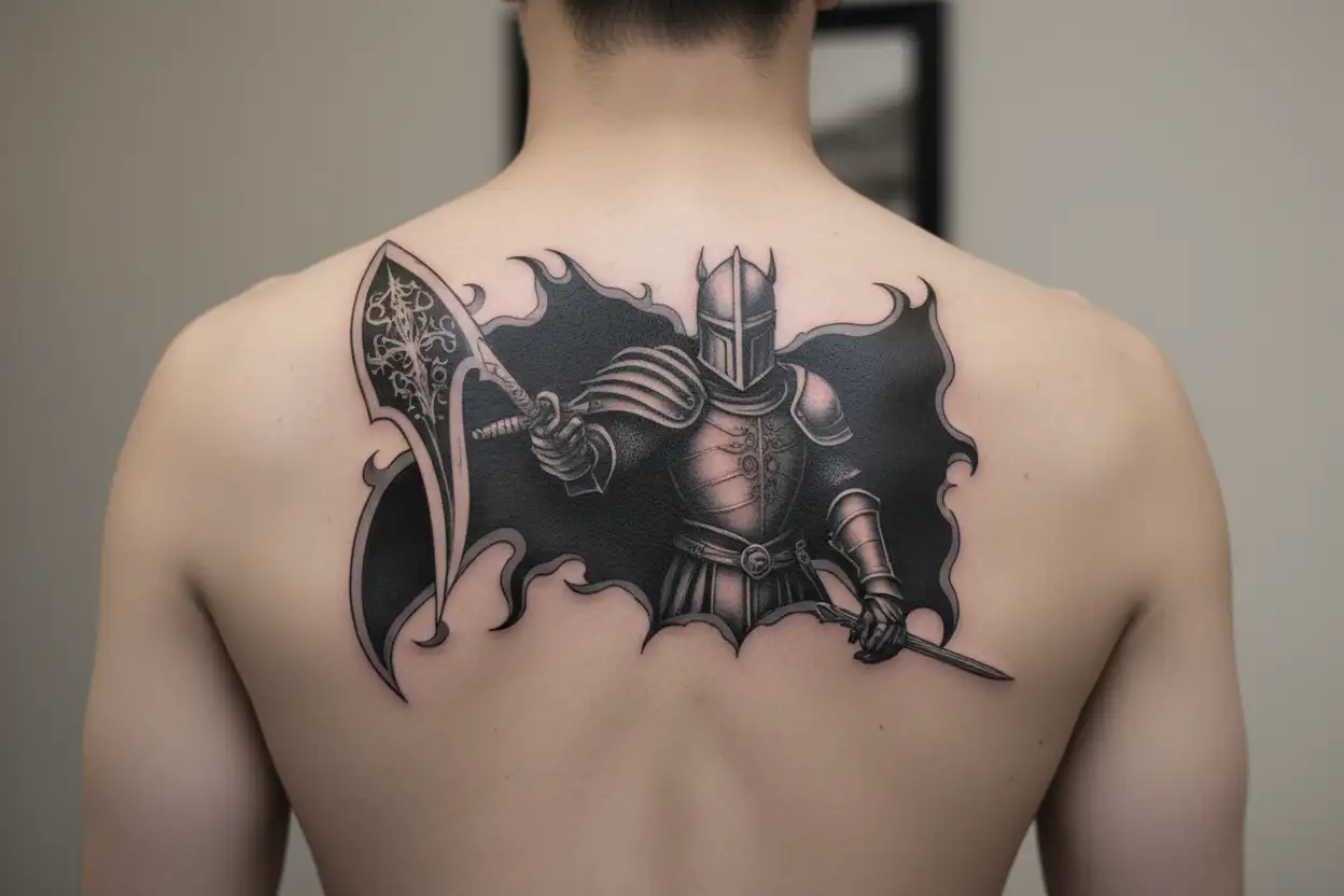 scarlet knight holding a sword tattoo design idea