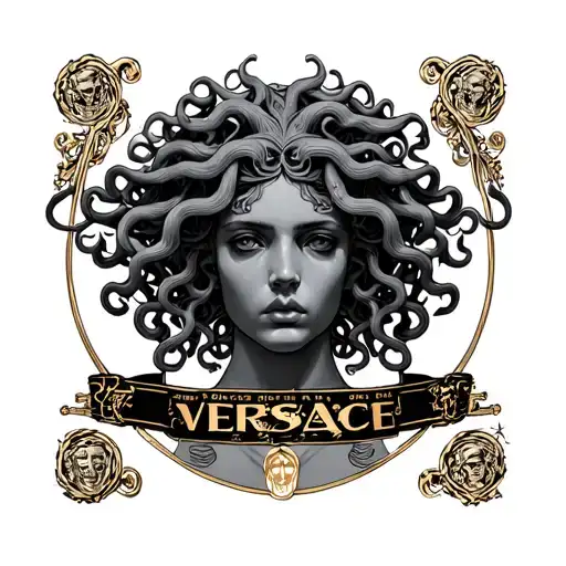 medusa with Versace logo band around it on shin tattoo design idea