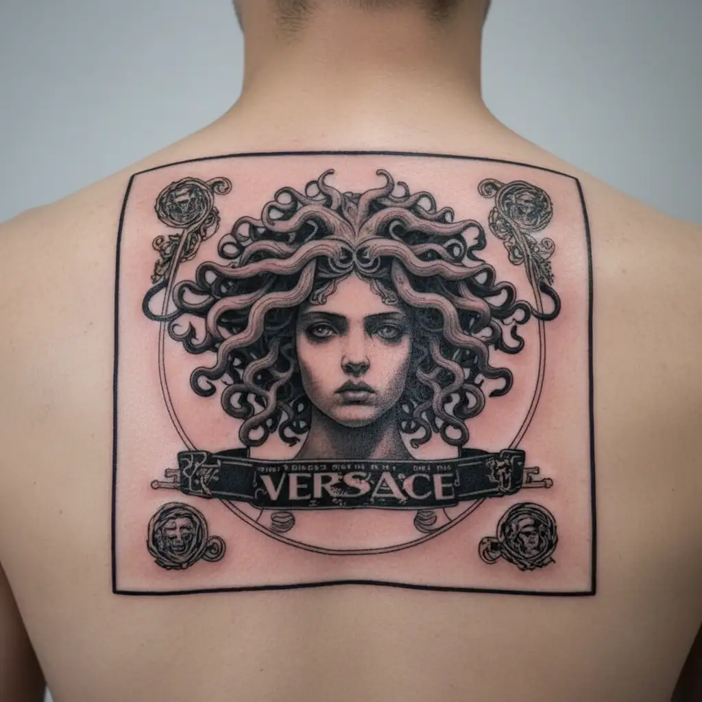 medusa with Versace logo band around it on shin tattoo design idea