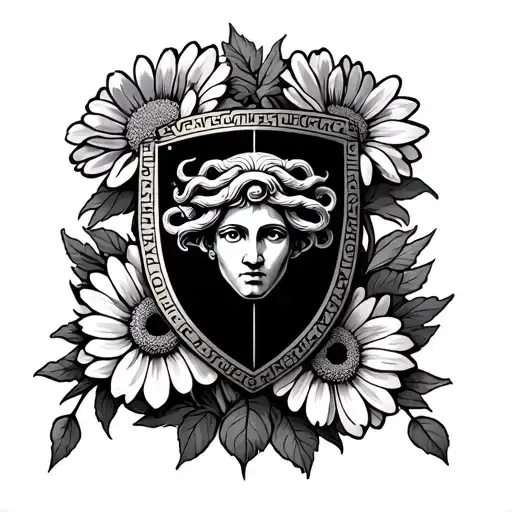a greek shield with a Medusa emblem surrounded by chrysanthemum flowers tattoo design idea