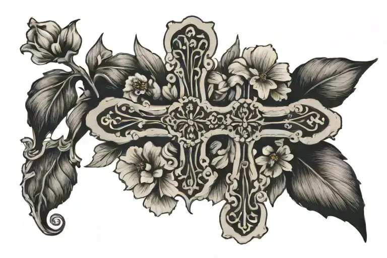 cross surrounded by mustard seed flowers growing tattoo design idea