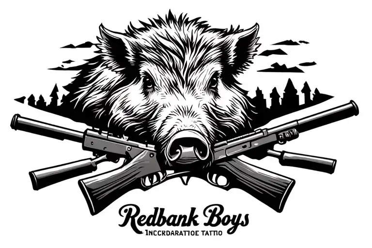 Wild Boar looking straight on with rifles crossed, with the words Redbank Boys incorporated tattoo design idea