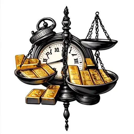 scale - time clock on one side & gold bars on the other side tattoo design idea