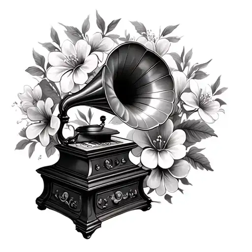 gramophone with flowers blooming tattoo design idea