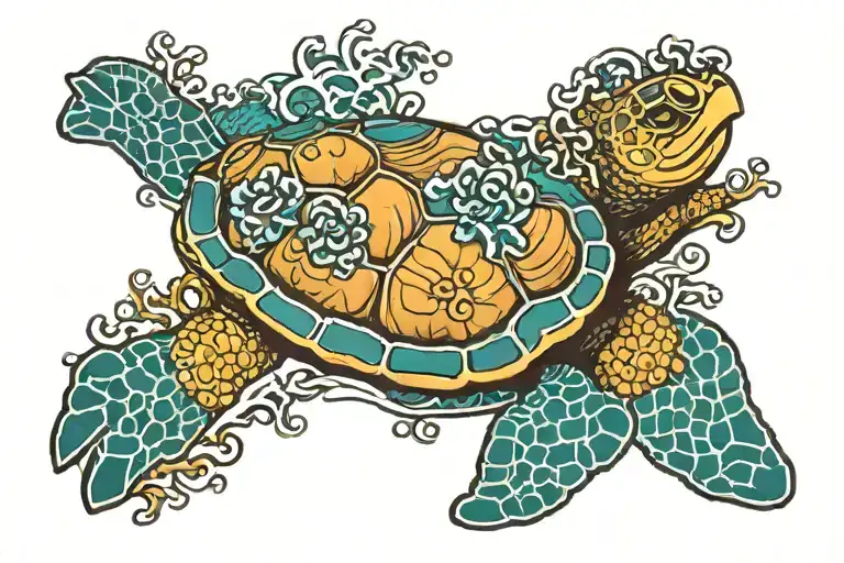 sea turtle with coral reef tattoo design idea