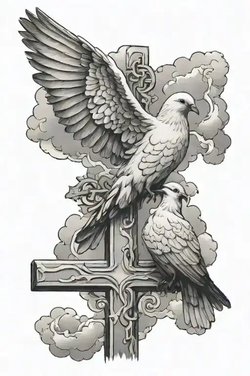 dove and raven on cross with clouds  tattoo design idea