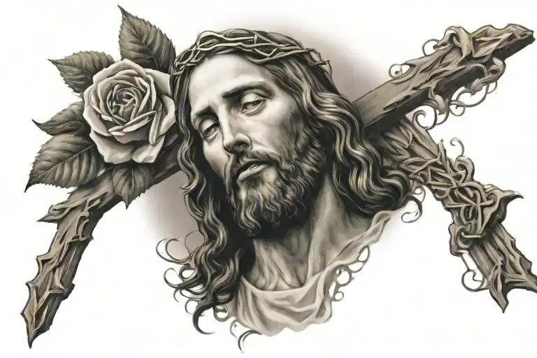 Jesus Christ with cross and rose    tattoo design idea