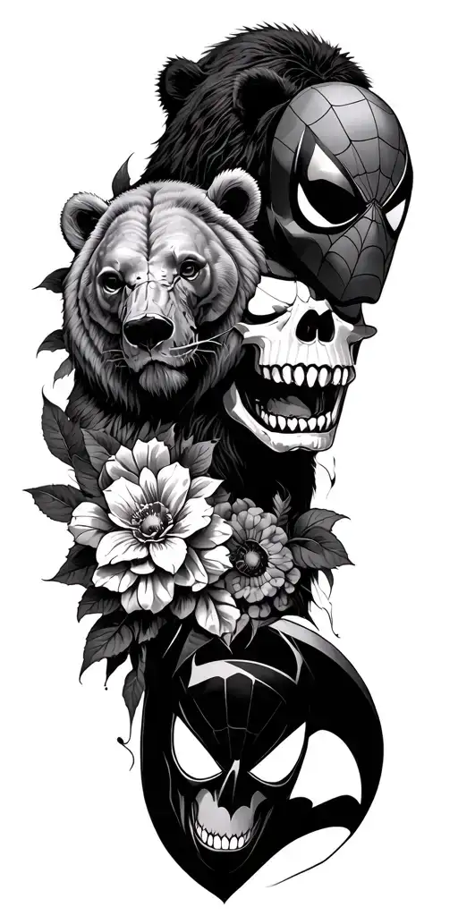 skulls with bears and lions with Spider-Man and batman and flowers tattoo design idea