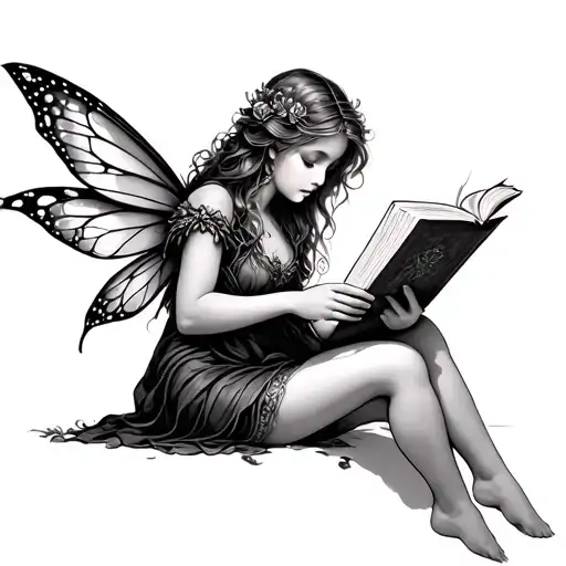 fairy reading a book tattoo design idea