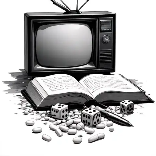 medicine pills spilled, open book written inside, pen, broken tv, projetor, dices, alcohol bottle tattoo design idea