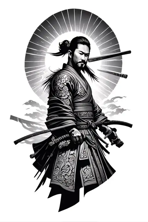 shogun with sun glare behind tattoo design idea