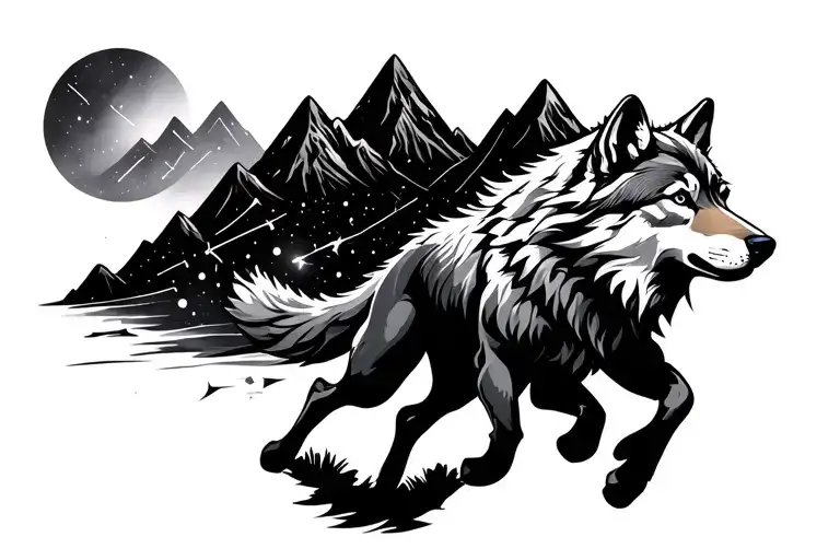wolf running, mountains and constellations  tattoo design idea