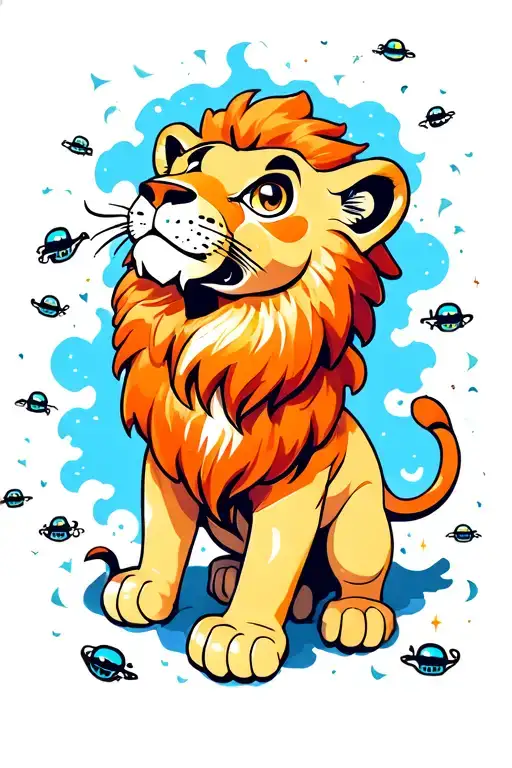 small lion looking up left side pose,  vast blue colored distant sky filled with aliens all over the sky  tattoo design idea