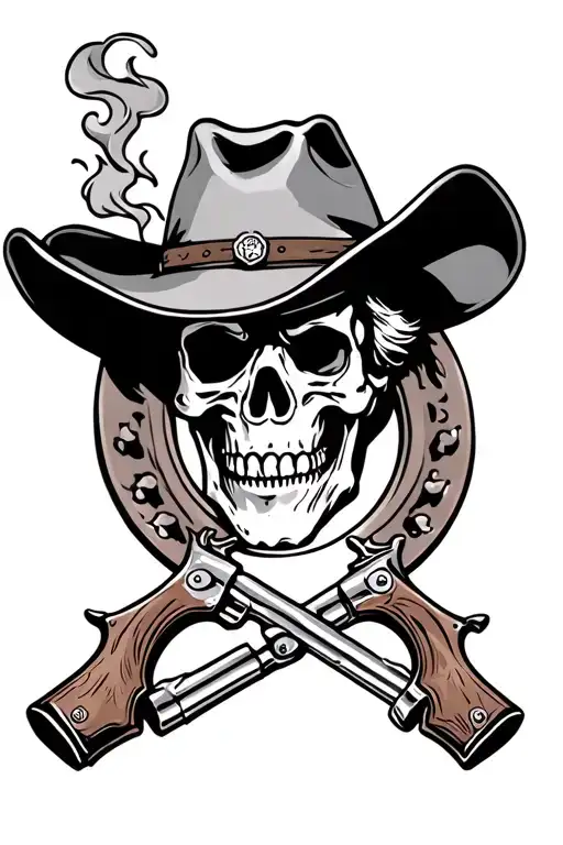 horse shoe with Skelton head wearing cowboy hat with two revolvers crossing each other with smoke coming out end tattoo design idea