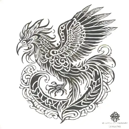 feathered phoenix wrapped Hmong symbols incorporated tattoo design idea