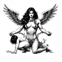 God of sex, Bondage, pleasure,kink, with a sexy woman kneeling at his feet. tattoo design idea