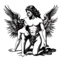 God of sex, Bondage, pleasure,kink, with a sexy woman kneeling at his feet. tattoo design idea