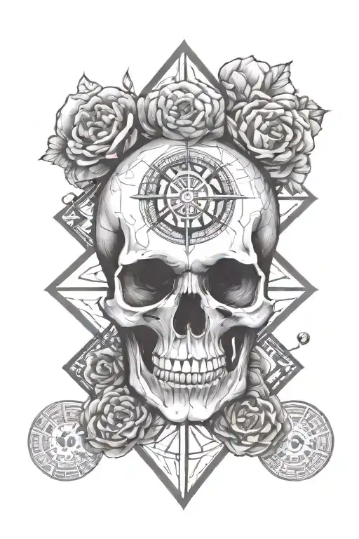 skull, heart, brain, geometric, runes, alchemy symbols tattoo design idea