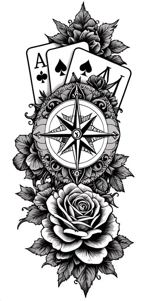 filigree design with playing cards, compass and roses tattoo design idea